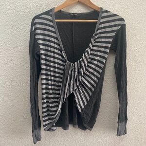 Ella Moss Striped Long Sleeve Shirt Top Small Boho Festival Gray Color V-Neck